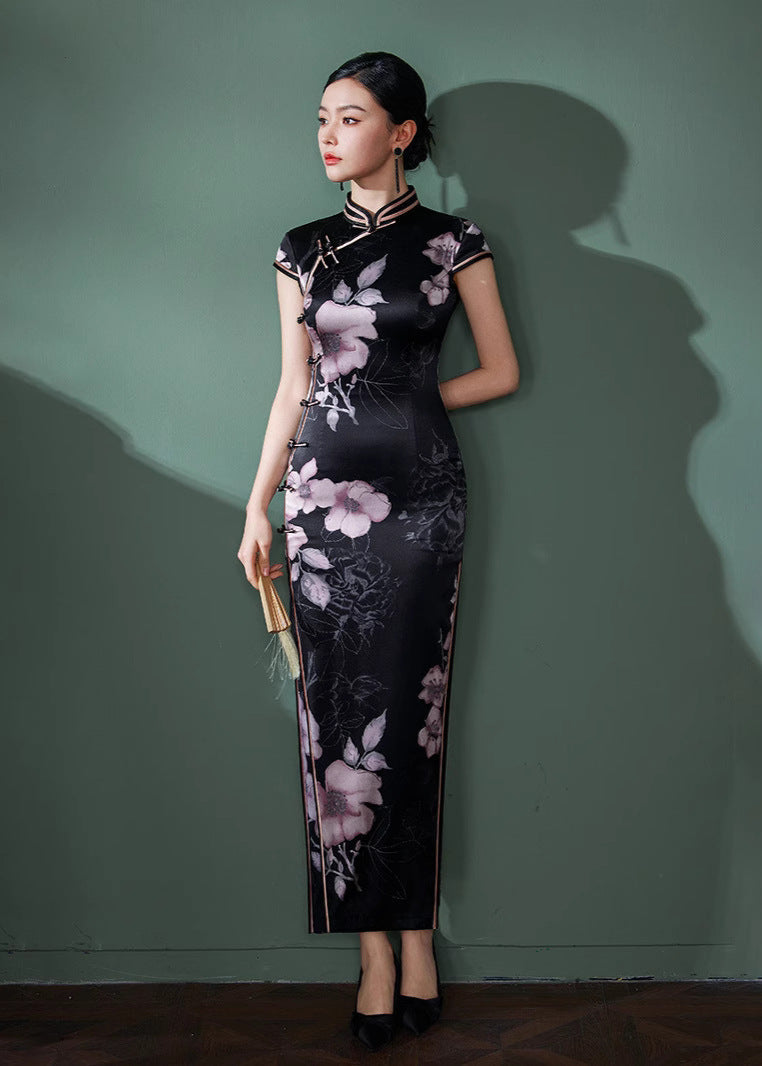 Black Silk Floral Qipao Dress | Slim-Fit Long Mandarin