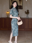 Mist-Blue Butterfly Print Modern Qipao Midi | Mandarin Collar Slim Silhouette
