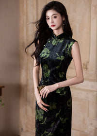 Autumn Velvet Qipao Sleeveless | Modern Mandarin Slim Long Evening Dress