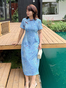 Plus Size Blue Floral Qipao Dress | Summer Breathable Jacquard