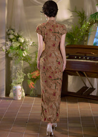 Classic Shanghai Qipao | Summer Cap-Sleeve Mandarin Maxi with Ink Floral
