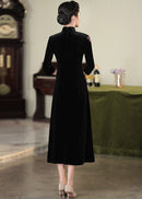 Embroidered Modern Qipao Maxi | Wine Red/Purple/Black | Mandarin Collar 3/4 Sleeves