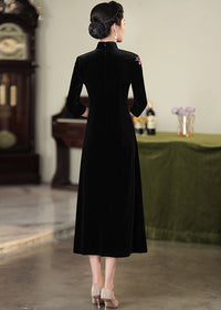 Embroidered Modern Qipao Maxi | Wine Red/Purple/Black | Mandarin Collar 3/4 Sleeves