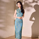 Peacock Blue Geometric Jacquard Sleeveless Qipao Maxi Dress | Mandarin Collar Slim Slit Cheongsam
