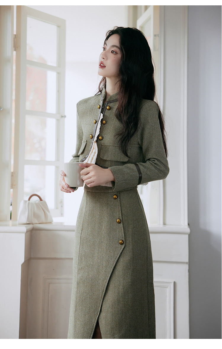 Green Tweed Suit with Ruffled Detail Skirt, Elegant Outfit for Women