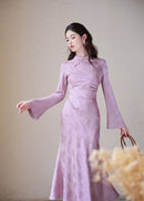 Modern Vintage-Inspired Purple Jacquard Satin Qipao | Mandarin Collar Long Sleeves