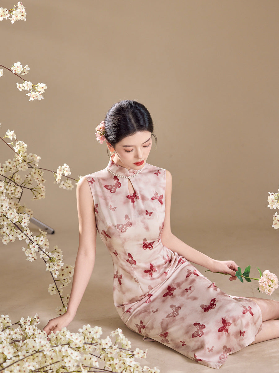 Butterfly Floral Print Sleeveless Qipao Maxi Dress | Mandarin Collar Slim Slit Cheongsam