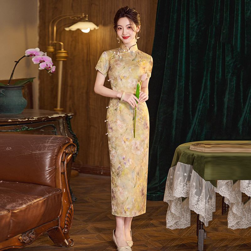 Vintage Yellow Floral Mandarin Collar Qipao | Elegant Chinese Cheongsam Dress
