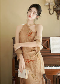 Champagne Apricot Bamboo Print Qipao Dress | Cape Sleeve Mandarin Collar Frog Button Slim Maxi