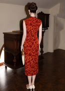 Sleeveless Red Long Qipao | Modern Mandarin Slim Jacquard Gown