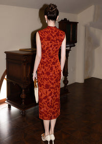 Sleeveless Red Long Qipao | Modern Mandarin Slim Jacquard Gown