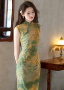 Vintage Yellow & Green Gradient Qipao Long Slim Dress