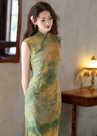 Vintage Yellow & Green Gradient Qipao Long Slim Dress