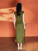Green Jacquard Sleeveless Qipao Dress | Mandarin Collar Slim Maxi Cheongsam