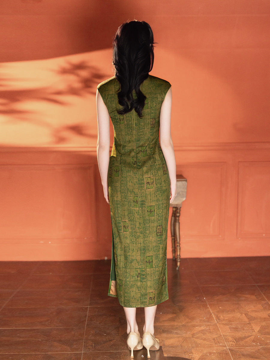 Green Jacquard Sleeveless Qipao Dress | Mandarin Collar Slim Maxi Cheongsam