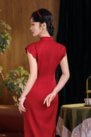 Classic Red Floral Qipao Dress for Women | Mandarin Collar Frog Button Slim Fit Cheongsam with Side Slit for Banquet