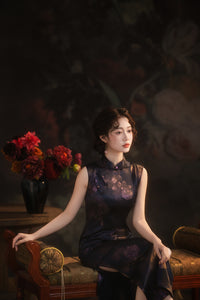 Black Floral Sleeveless Slim Qipao Dress | Mandarin Collar Frog Buttons Bodycon Side Slit Wedding Banquet Gown