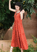 Red Bohemian Printed Cami Dress | V-Neck Spaghetti Straps | Tiered A-Line Maxi for Resort & Beach