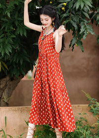 Red Bohemian Printed Cami Dress | V-Neck Spaghetti Straps | Tiered A-Line Maxi for Resort & Beach