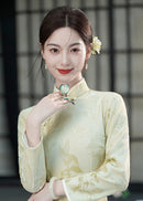 Vintage Long-Sleeve Daily Qipao | Mandarin Collar, Side Placket & Slit Gown