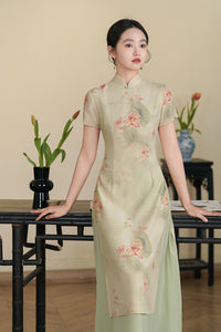 Mint-Green Watercolor Lotus Qipao Midi | Mandarin Short Sleeves