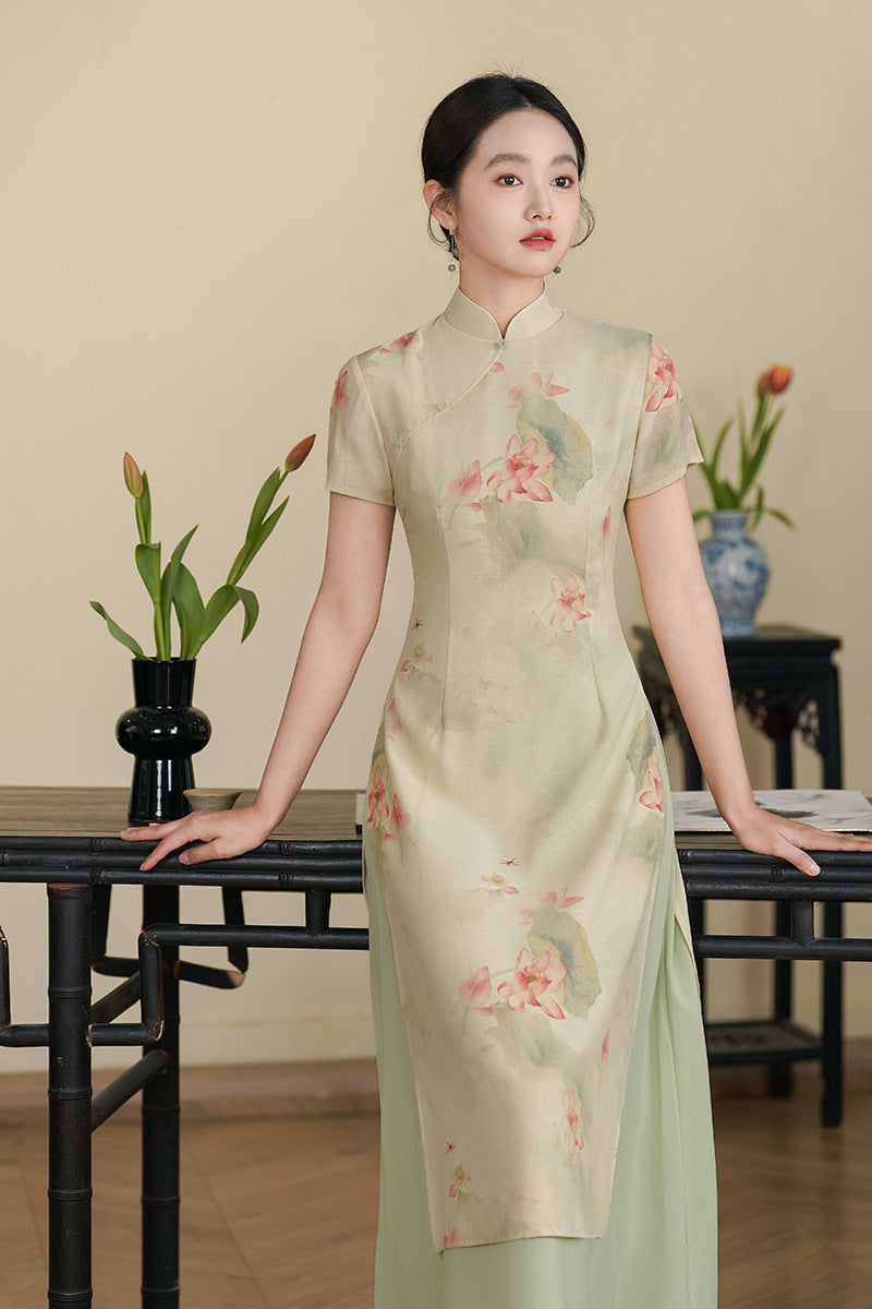 Mint-Green Watercolor Lotus Qipao Midi | Mandarin Short Sleeves
