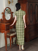 Spring TR Plaid Qipao Maxi Dress | Slim Vintage Chic