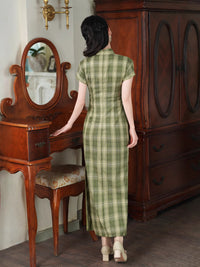 Spring TR Plaid Qipao Maxi Dress | Slim Vintage Chic