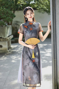 Elegant Sheer Butterfly Cheongsam Hanfu-Inspired Retro Qipao Dress