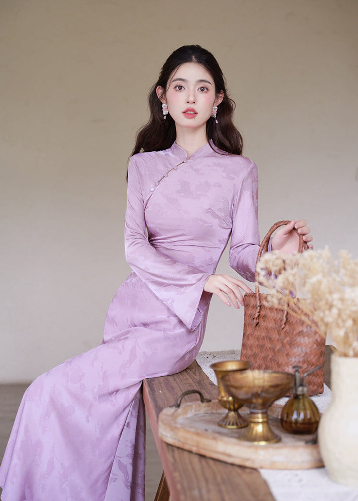 Modern Vintage-Inspired Purple Jacquard Satin Qipao | Mandarin Collar Long Sleeves