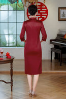 Acetate Stretch Satin Embroidered Qipao Midi | Mandarin Collar