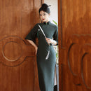 Elegant Dark Green Cheongsam Dress for Women with Half Sleeves and High Slit