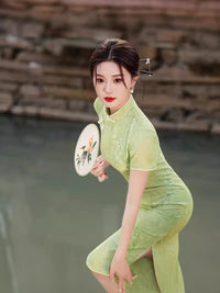 Modern Chinese Light Green Jacquard Qipao Dress | Mandarin Collar Frog Buttons Slim Side Slit Maxi