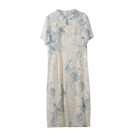 New Chinese Blue-White Jacquard Qipao Dress | Keyhole Mandarin, Short-Sleeve A-line Midi