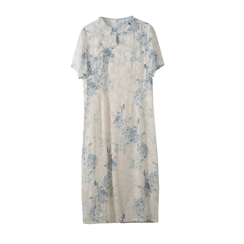 New Chinese Blue-White Jacquard Qipao Dress | Keyhole Mandarin, Short-Sleeve A-line Midi