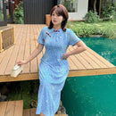 Plus Size Blue Floral Qipao Dress | Summer Breathable Jacquard