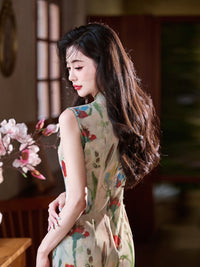 Watercolor-Print Sleeveless New-Chinese Qipao Dress | Morandi Tones, Slim Midi with Side Slit