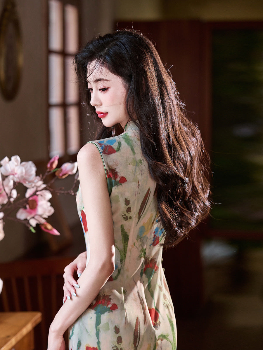 Watercolor-Print Sleeveless New-Chinese Qipao Dress | Morandi Tones, Slim Midi with Side Slit