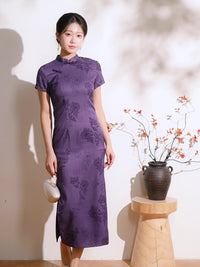 Vintage Purple Jacquard Short Sleeve Qipao Dress | Mandarin Collar Slim Midi Cheongsam