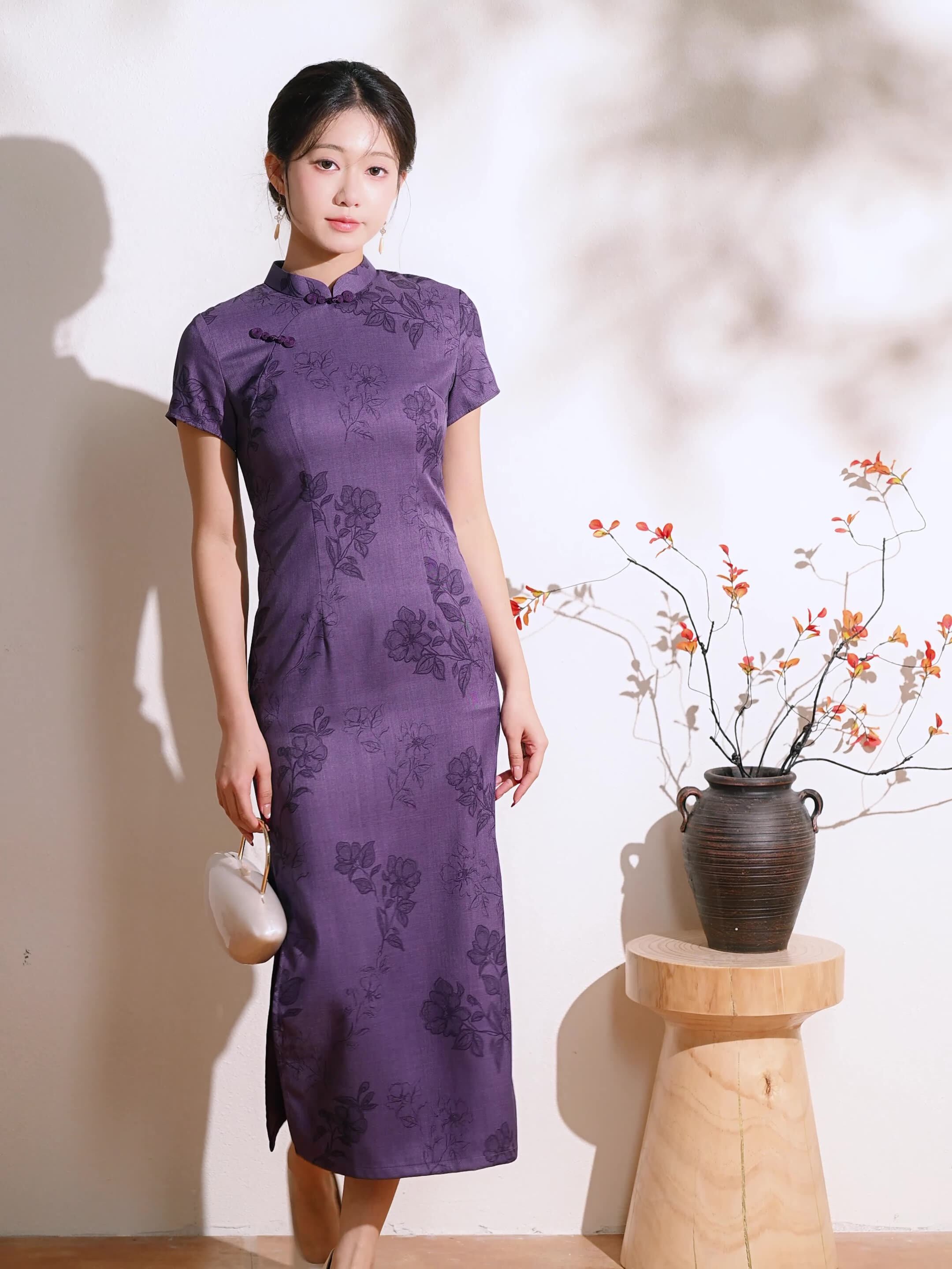 Vintage Purple Jacquard Short Sleeve Qipao Dress | Mandarin Collar Slim Midi Cheongsam