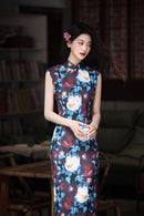 New Chinese Vintage Oil-Paint Floral Qipao Dress Black Base Blue Burgundy