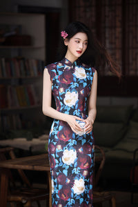 New Chinese Vintage Oil-Paint Floral Qipao Dress Black Base Blue Burgundy