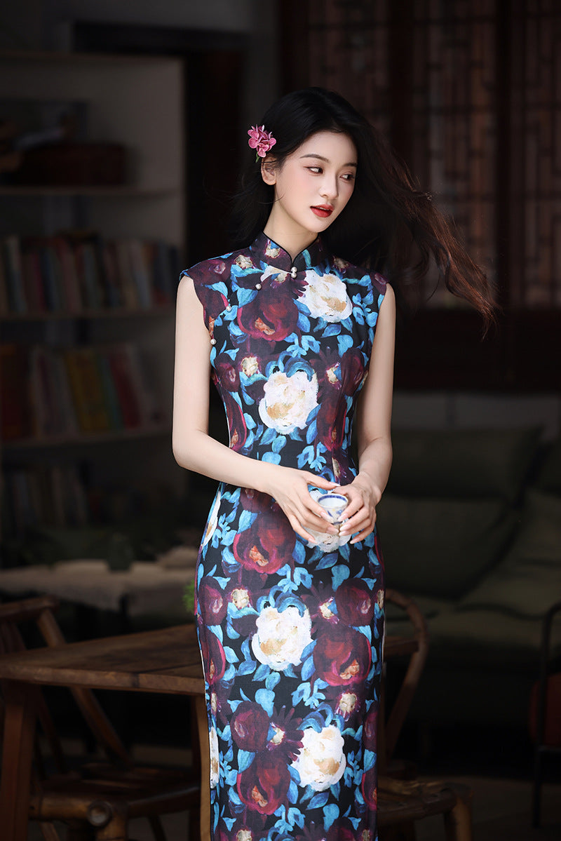 New Chinese Vintage Oil-Paint Floral Qipao Dress Black Base Blue Burgundy