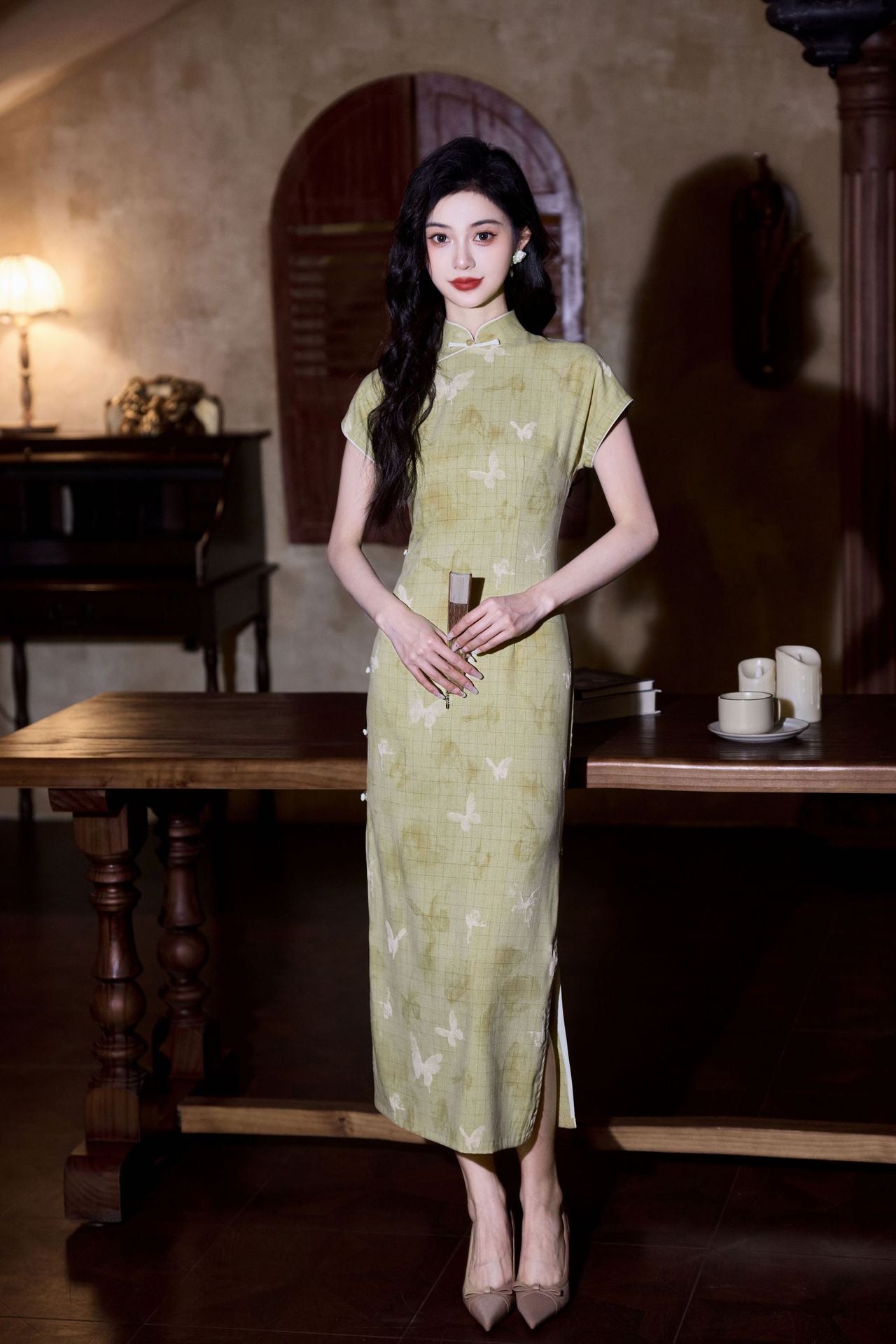 Butterfly Print Modern Qipao Maxi | Mandarin Collar & Frog Buttons