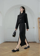 Black Modern Tang Suit Set | Mandarin-Collar Jacket & Slit Maxi Skirt for Early Spring