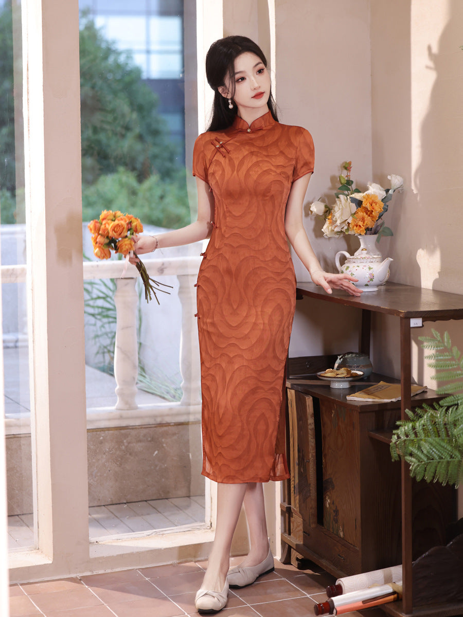 Rust Orange Jacquard Qipao Dress Short Sleeve Slim Mandarin Collar