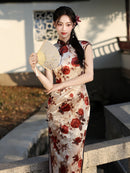 Ivory & Burgundy Rose Floral Qipao Dress | Vintage Slim Mandarin Collar Maxi Cheongsam