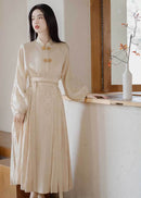 Cream Jacquard Mamian Skirt Set | Mandarin-Collar Puff-Sleeve Top