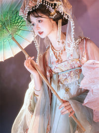 Elegant Hanfu Dress with Floral Embroidery, Soft Pastel Colors