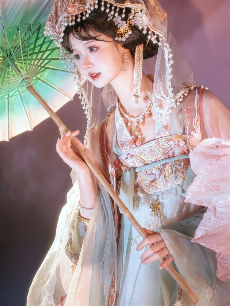 Elegant Hanfu Dress with Floral Embroidery, Soft Pastel Colors